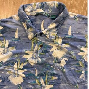 Cubavera Mens XXL Blue Tropical Floral Sailboat Cotton Short Sleeve Polo Shirt